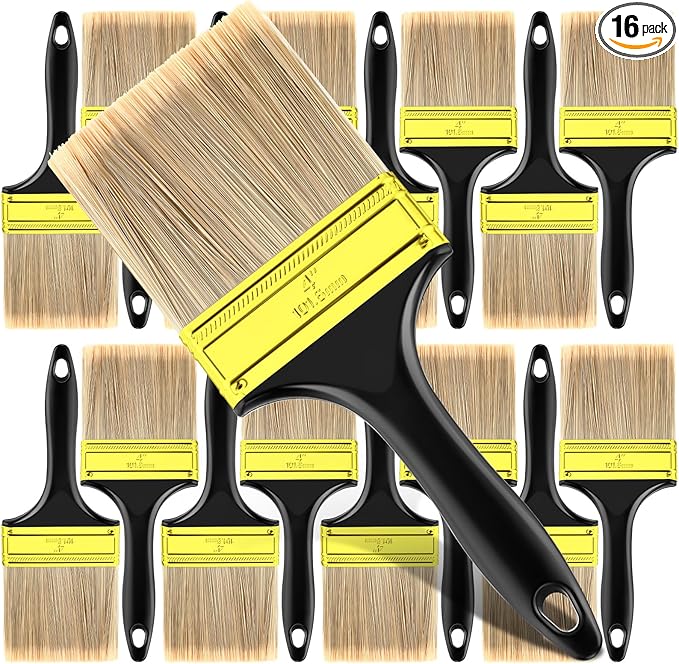 Teenyyou 16 Pcs 4 Inch Paint Brushes Flat Chip Paintbrushes Bulk with Treated Plastic Handles Professional Painting Tools for Paint Stains Deck Door Furniture Home Wall Trim DIY