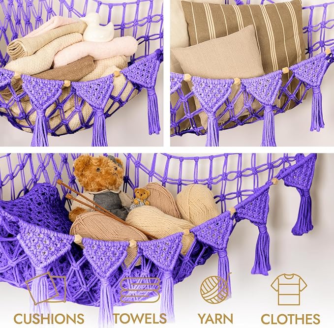TIDYTEDS Macrame DreamLights Boho Stuffed Animal Storage Net Hammock Extra Large Plush Toy Storage Holder For Small Or Large Plushies PURPLE (Purple)