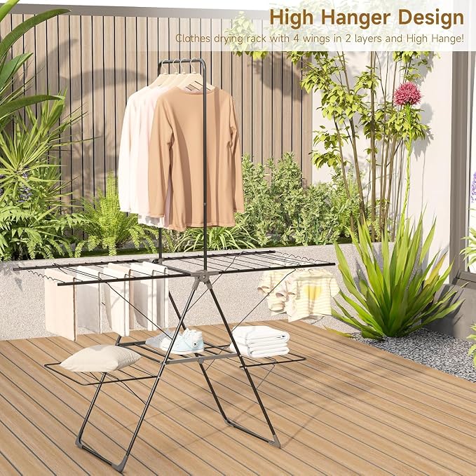 Bigzzia Clothes Drying Rack Foldable, 3-Level Large Laundry Drying Rack Collapsible, Stainless Steel Drying Rack Clothing for Indoor Outdoor, Easy to Fold, Drying Rails 68.9" H, Gray