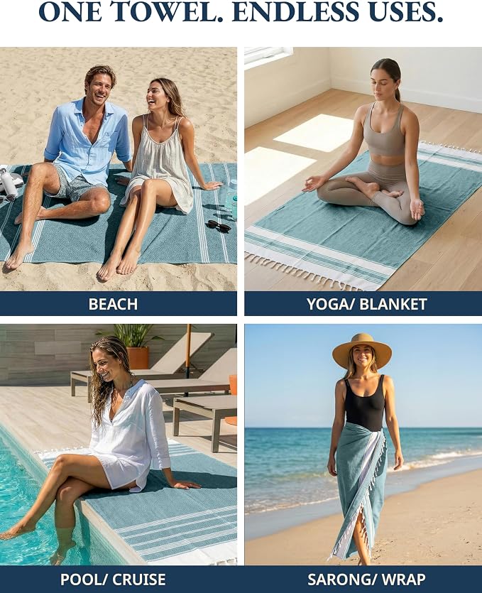 LANE LINEN Turkish Beach Towels, 2 Pack Extra Large Beach Towel - Baltic | Pre-Washed for Soft Feel - Oversized Sand Free Quick-Dry Pool Towel - 39"x71", Vacation Essential, Machine Washable