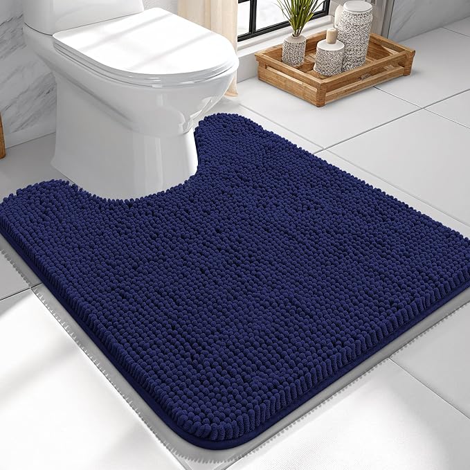OLANLY Toilet Rugs U-Shaped 24x24, Extra Soft Absorbent Chenille Contour Bathroom Rugs for Toilet, Dry Quickly, Machine Washable, Non-Slip Bath Mat, Twilight Sapphire