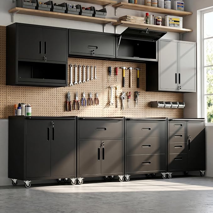 8-Piece Heavy Duty Steel Garage Cabinet System | All-in-One Modular Garage Cabinet Set for Ultimate Workshop Organization | Easy Assembly Garage Storage Cabinets & Tool Bench (Black)