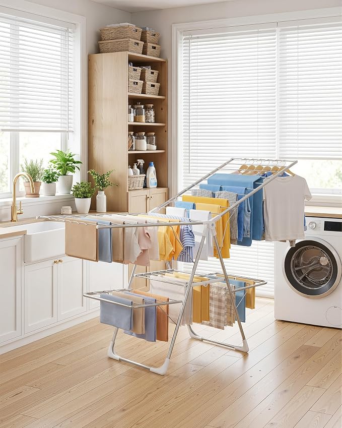Sakugi Clothes Drying Rack, Foldable 2-Level Laundry Drying Rack with Height-Adjustable Wings, for Clothing & Bedding, Free-Standing Space-Saving Rack, Indoor & Outdoor, 70" L × 22.8" W, Silver White