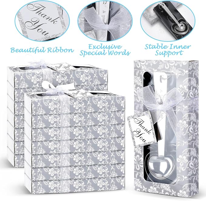 Yinder 50 Sets Heart Measuring Spoons Wedding Favors for Guests with Gift Box and Thank You Card, Bridal Shower Favors Bulk, Kitchen Measuring Spoon Gift Set for Party Souvenirs(Silver)