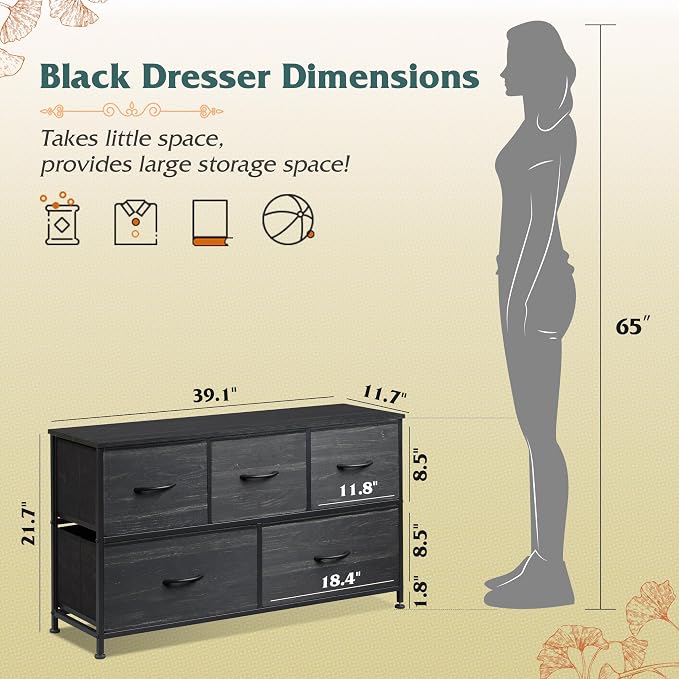 WLIVE Wide Dresser for Bedroom, 5 Drawer Chest of Drawers, Black Wood Grain | 5 roomy fabric drawers, Wide storage design, Bedroom or closet use, Sturdy steel frame, Smooth wood tabletop