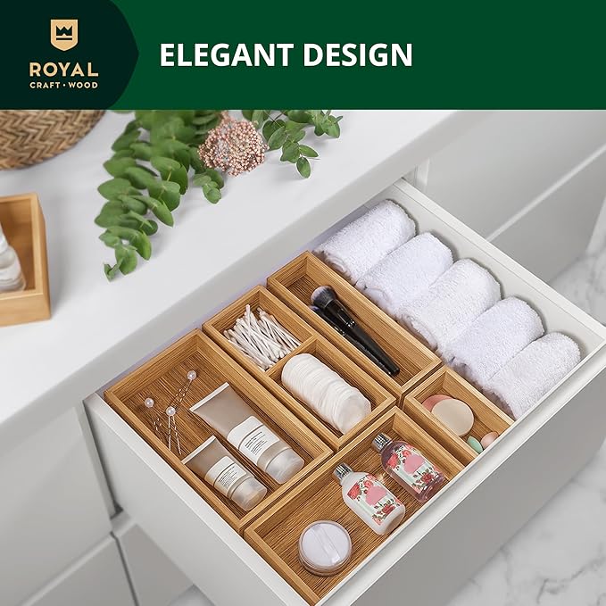 ROYAL CRAFT WOOD Premium Carbonized Bamboo Decorative Boxes - Drawer Organizer Set (5-Piece) – Wood Storage Boxes for Kitchen, Bathroom, Office & Makeup