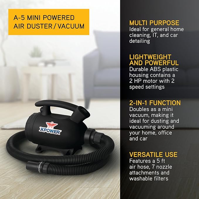 XPOWER A-5 Electric Air Duster for Dusting, Drying, Inflating, Blowing, Vacuuming, Car Detailing, Computer, Leaf Blowing, 100 CFM, 5 Nozzles + 2 Brushes, High Performance Motor, Eco-Friendly