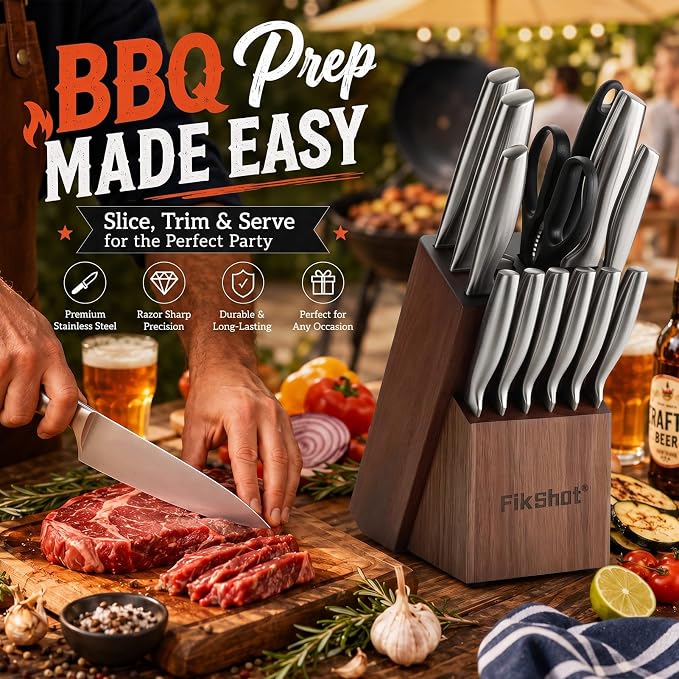 FIKSHOT 14 Pieces Knife Block Set German Stainless Steel with Sharpener | Razor-Sharp Santoku Knives, Fruit & Kitchen Knives, Rust Resistant for Homecooks, BBQ Prep (Silver + Walnut)