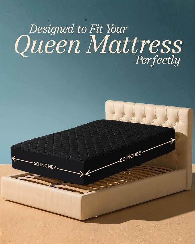 Quilted Fitted Mattress Pad, Queen Mattress Protector Topper with Deep Pocket Stretches up to 16 Inches, Machine Washable Mattress Cover by Utopia Bedding (Black)