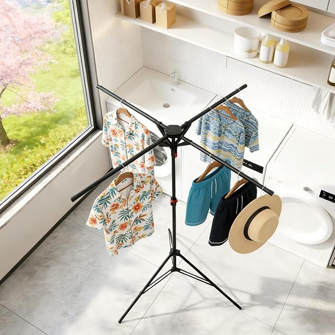 Clothes Drying Rack Foldable, Height Adjustable | Stable Tripod Base, Rust-Resistant, Quick Fold Button, Fits 90°/180°/270° Corners, Space Saving