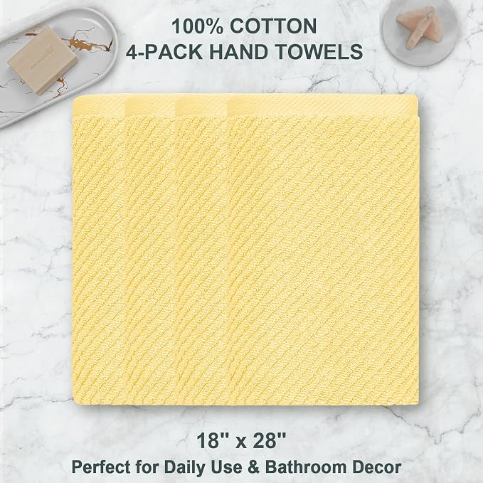 VOOVA & MOVAS Bathroom Hand Towels 4PC, 100% Cotton, 18x28 in, Yellow | Thick, Quick Dry, Soft, Absorbent, Bathroom Essentials, Ideal For Bath, Spa, Guest Room Use