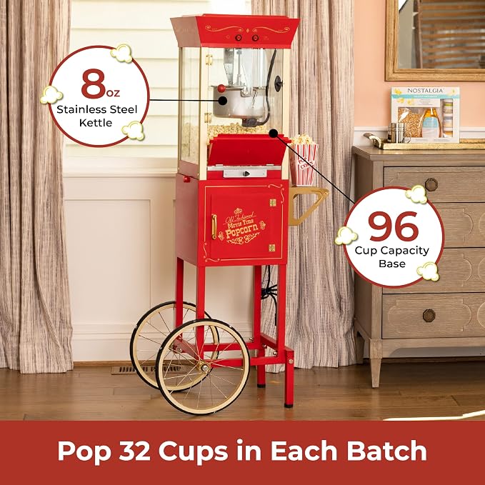 Nostalgia Popcorn Maker Machine - Professional Cart With 8 Oz Kettle Makes Up to 32 Cups - Vintage Popcorn Machine Movie Theater Style - Red