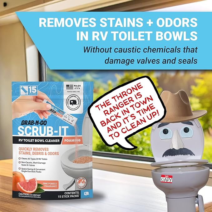 Unique Scrub-It Foaming RV Toilet Cleaner - Pink Pomelo Scent, 15 Count Stick Packs, Premeasured, No-Mess, Grab-N-Go Powder Removes Stains from RV Toilet Bowls, Helps Lubricate Valves and Seals