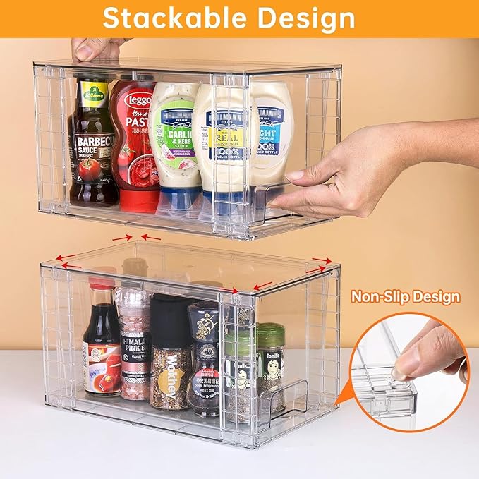 1Pack Large Stackable Kitchen Storage Drawers, Clear Foods Organizer Bins with Handles, Easily Assemble for Bathroom, Kitchen, Pantry, Cabinet, Closet(XL-UP Handle)