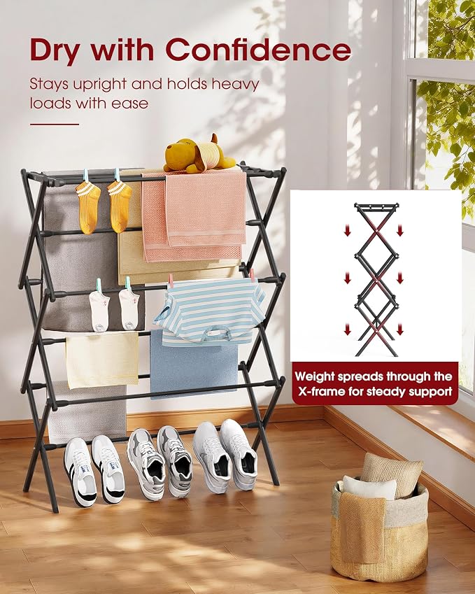 Sakugi Foldable 3-Tier Clothes Drying Rack 37.4" H with Non-Slip Feet | Indoor & Outdoor Use, Space Saving, Metal Frame, 11.4" D x 29.1" W, Black