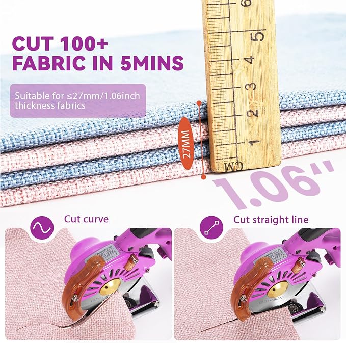 BAOSHISHAN Cordless & Rechargeable Electric Fabric Rotary, Adjustable Speed | ﻿2 x 2500mAh Battery, Round Blade Fabric Cutting Machine for ≤1.06" Thickness Multilayer Fabric Leather Cloth Carpet (Purple)
