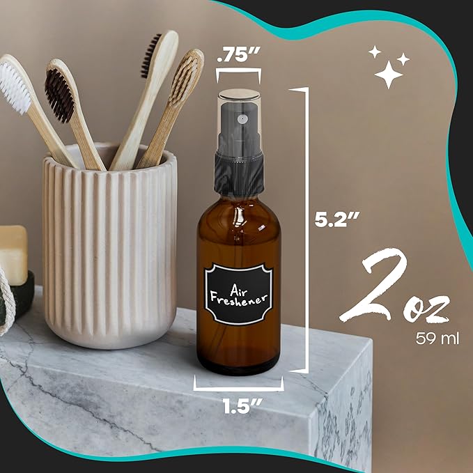 Nevlers Small Spray Bottle 2 Oz 48 Pack | Amber Glass Spray Bottles for Cleaning, Oils, Perfume Alcohol & More | Mist Bottle Set w/Shrink Wrap, Funnel, Brush, Labels & Marker | Small Glass Bottles