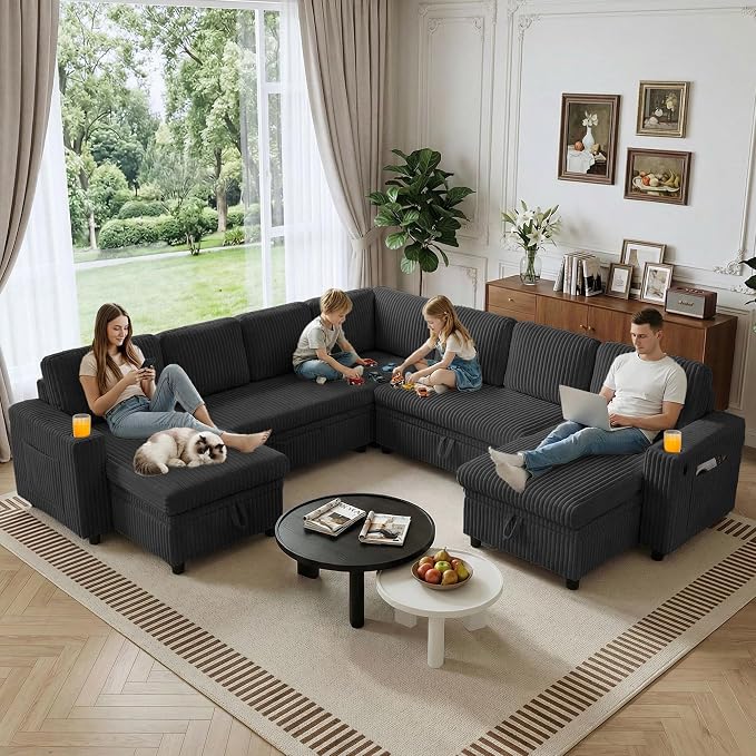 Oversized U-Shaped Sectional Sleeper Sofa for Living Room, Black | Modular Design, Pull Out Bed, Hidden Storage Space, Soft Corduroy, USB Charging, Cup Holders, Easy Assembly