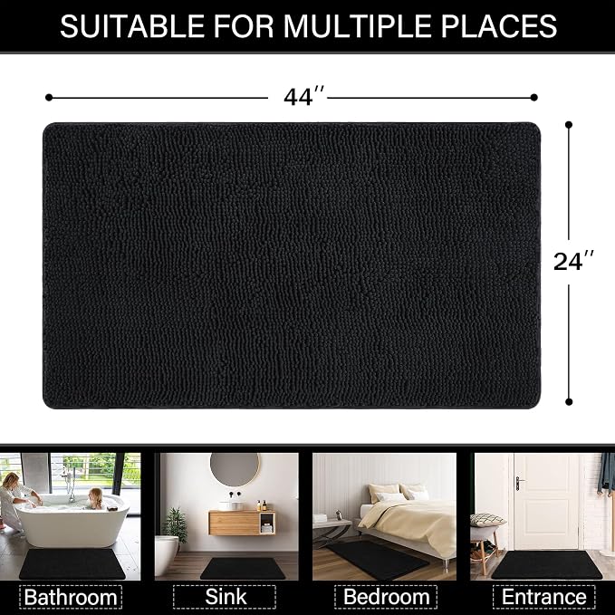 LOCHAS Luxury Bathroom Rug Shaggy Bath Mat 24 x 44 Inch, Black | Washable Non Slip Bath Rugs for Bathroom Shower, Soft Plush Chenille Absorbent Carpets
