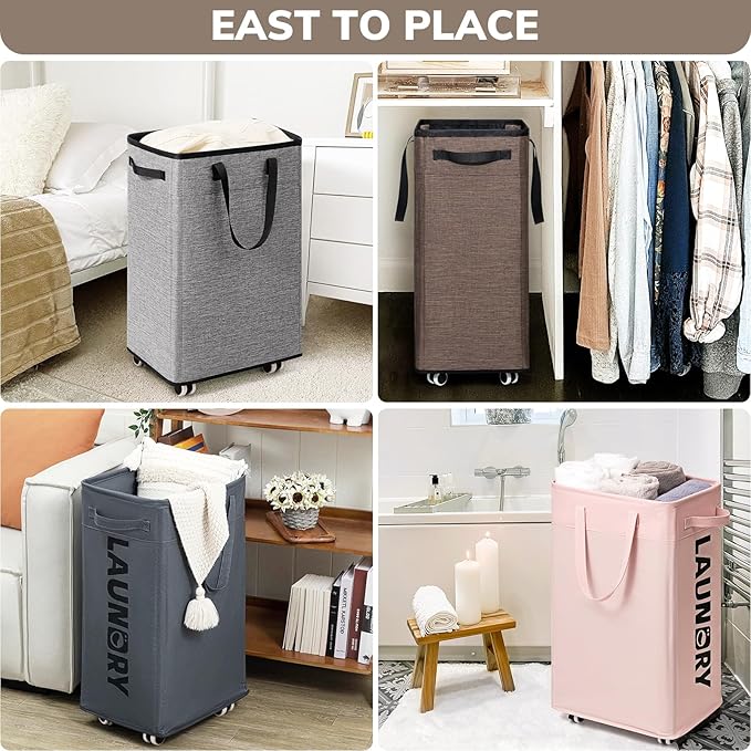 Goodpick Laundry Basket with Wheels, 75L Collapsible Laundry Baskets with Removable Wash Bag, Clothes Laundry Hamper on Wheels, Light Brown