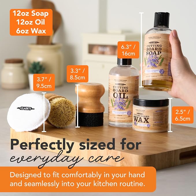 CLARK'S Food Grade Cutting Board Full Care Kit, Lavender Scent - 6 Pack | Includes Food Grade Mineral Oil, Cutting Board Wax & Cleaner, Oil & Wax Applicators, Buffing Pads - Restores & Protects
