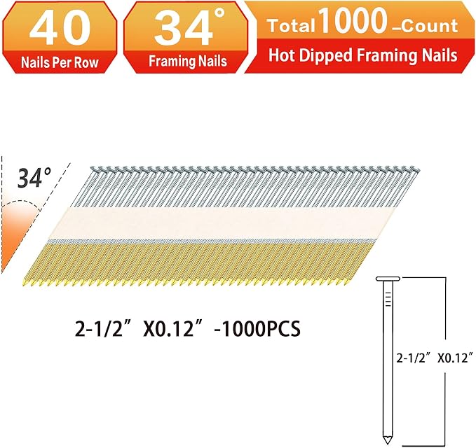34°Framing Nails,Ring Shank,2-1/2":1000pcs | Hot Dipped Galvanized,Paper Tape Strip,D Head Nail,For 30 to 34 Degree Framing Nailer