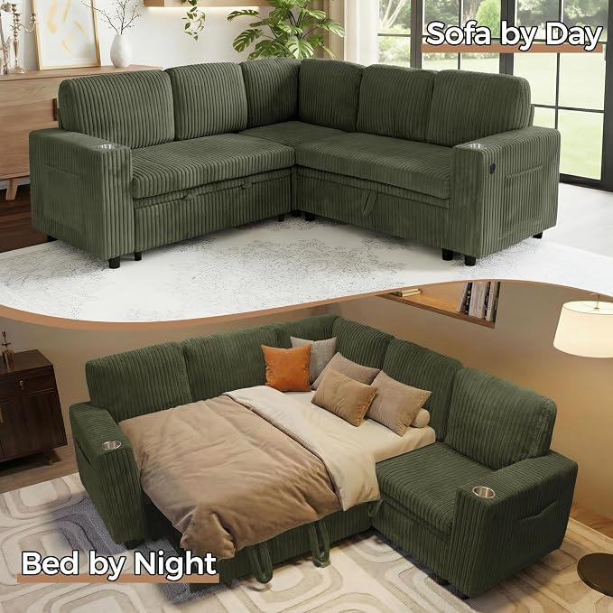 L Shaped Sectional Sleeper Sofa, Pull Out Couch with Storage, Green | Pull Out Bed, 5 Seat Modular Design, Soft Corduroy Fabric, USB Charging, Cup Holders, Removable Covers, Easy Assembly