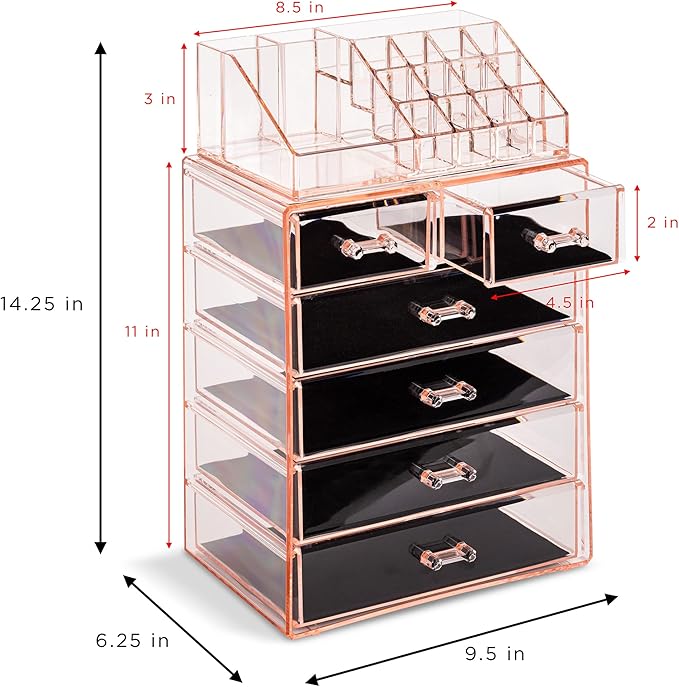 Sorbus Acrylic Makeup Organizer Set, 6-Drawer Vanity & Countertop Cosmetic Storage with Small & Wide Compartments, Pink Makeup Storage for Brushes, Jewelry – Holiday Gift for Women & Teens