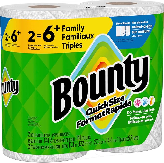 Bounty Paper Towels Quick Size, White, 6 Family Triple Rolls = 20+ Regular Rolls