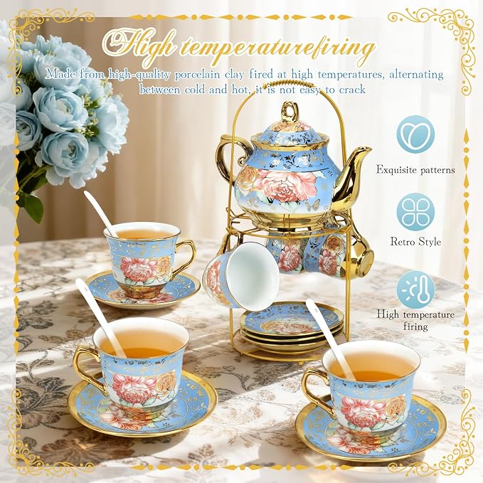 ALIMOTA 20 Pcs Porcelain Tea Set with Metal Holder and Spoon, European Ceramic Tea Set for Adults, European Flower Painting Teapot Cup Saucer Spoon Set for 6, Gift Pack (Blue)