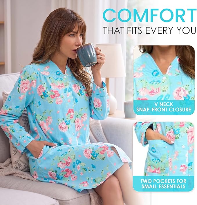 Casual Nights Women's Floral Snap Front Flannel Duster Long Sleeve Lounger Dress