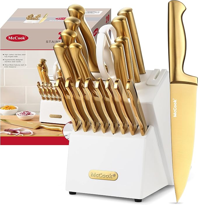 McCook® Kitchen Knife Sets, Golden Titanium Stainless Steel Knives Block Set with Built-in Sharpener, 20 Piece Knives, Restaurant Grade Sharp, Elegant Gold & Stylish Wooden Block for Modern Culinary | German Forged Stainless Steel,20 PC,Razor Sharp,Ant...