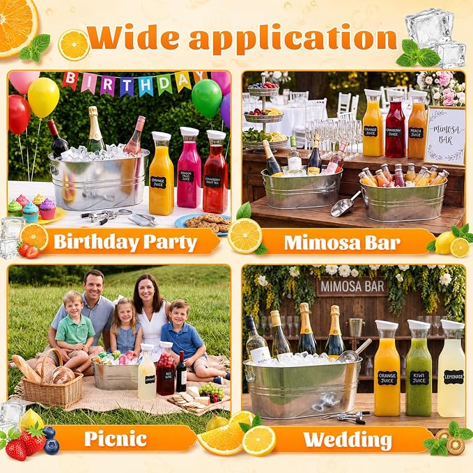 10 Pcs Ice Buckets Party Set for Mimosa Bar Wedding BBQ | Include 3 Gallon Galvanized Beverage Tub, 50oz Plastic Carafes with Lids, Ice Scoops Blackboard Sticker, Bottle Opener