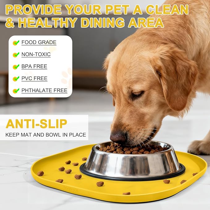 SMILOOL Waterproof Silicone Pet Food Mat with Raised Edge for Dog & Cat | 12" x 12" Non-Slip Small Pet Feeding Mats with Lip for Food & Water Bowl, Food Grade, Easy Cleaning, Vivid Yellow
