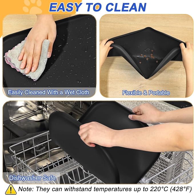 SMILOOL Waterproof Silicone Pet Food Mat with Raised Edge for Dog & Cat | 24" x 16" Non-Slip Pet Feeding Mats with Lip for Food & Water Bowl, Food Grade, Easy Cleaning, Black
