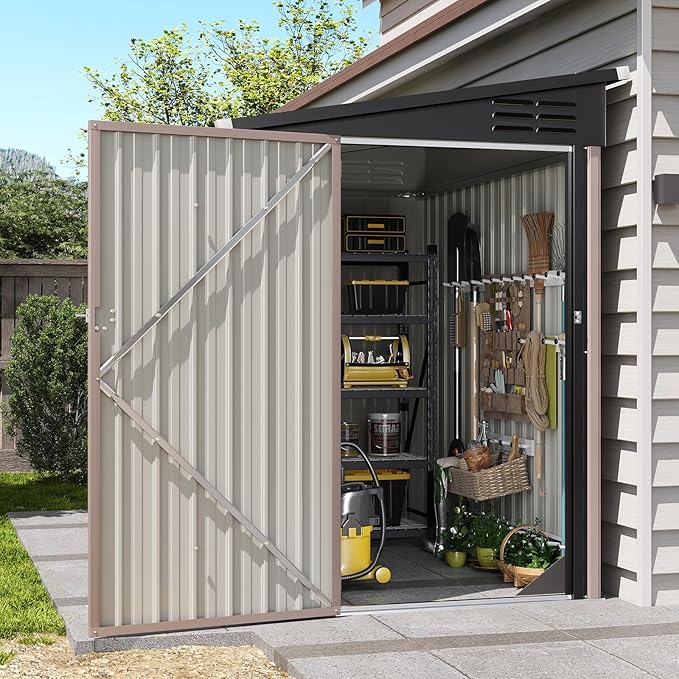 Aoxun 4x6 FT Lean to Shed Outdoor Storage Shed, Brown | Lockable Doors & Slooping Roof, Metal Garden Tool Shed for Backyard, Bike Shed for Patio, Poolside