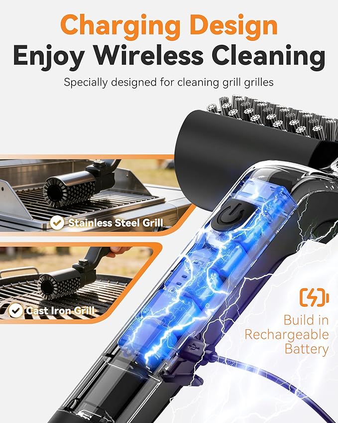 Electric Grill Brush, 3-Speed Cordless BBQ Cleaner, 20kg Max Torque, Adjustable Rotary Head, Reinforced Steel Bristles for Stubborn Grease, for Gas Charcoal Smoker Grates (Grill Brush)