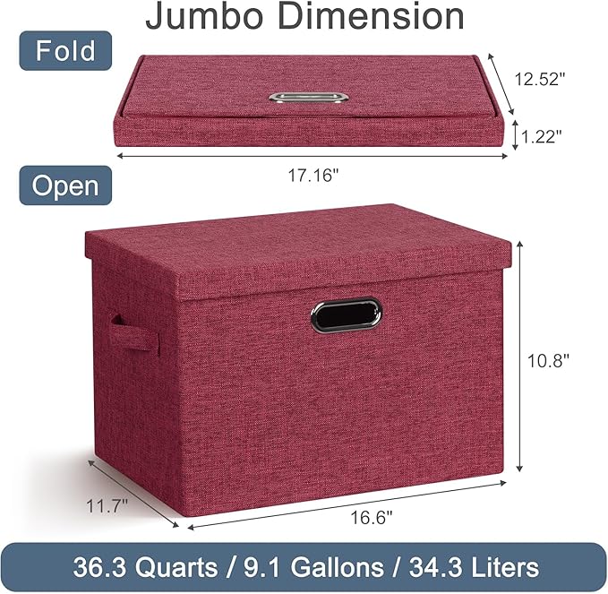 Graciadeco Large 17" 36 Quart Collapsible Stackable Storage Bins with Lids, 3 Packs Bright Red Linen Fabric Closet Boxes with Lids, Storage Cube Baskets Container Organizers for Office (17x12x11)