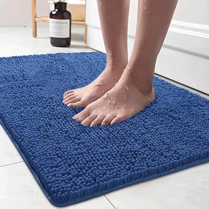 LOCHAS Luxury Bathroom Rug Shaggy Bath Mat 24 x 36 Inch, Blue | Washable Non Slip Bath Rugs for Bathroom Shower, Soft Plush Chenille Absorbent Carpets