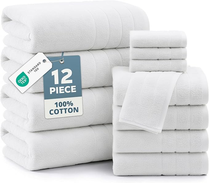 Casa Platino Bath Towel Set 100% Cotton 12 Piece Soft Absorbent - White | Bathroom Towels - Generously Sized, Oversized & Roomy, Lightweight & Breathable, Fade-Resistant Color, Classic Terry Weave