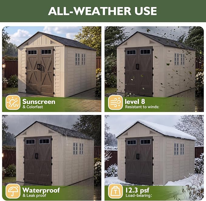 Aoxun 8x12 Ft Outdoor Storage Shed with Lighe & Floor, Large Resin Outdoor Shed with Lockable Door & Windows, Garden HDPE Sheds for Lawn Tools, Pool Supplies & Bikes