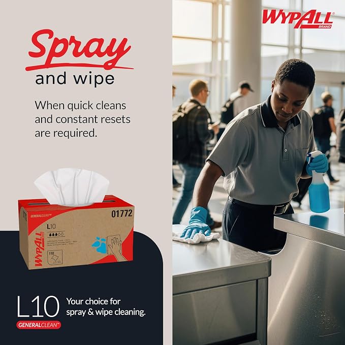 WypAll GeneralClean L10 Cloths Light Cleaning Wipes (01772), Pop-Up Box, Dairy Towels, Bulk Paper Wipers, White (18 Packs of 110 Sheets, 1,980 Sheet Total)