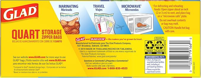 Glad Flex'N Seal Food Storage Plastic Bags, Quart, 38 Count (Package May Vary)