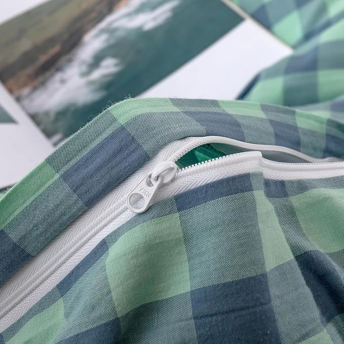 mixinni Green Gingham Grid Duvet Cover King, 100% Washed Cotton Modern Geometric Bedding Set with 2 Pillowcases, Farmhouse Style Blue Plaid Comforter Cover Set for Men & Women, Soft & Lightweight