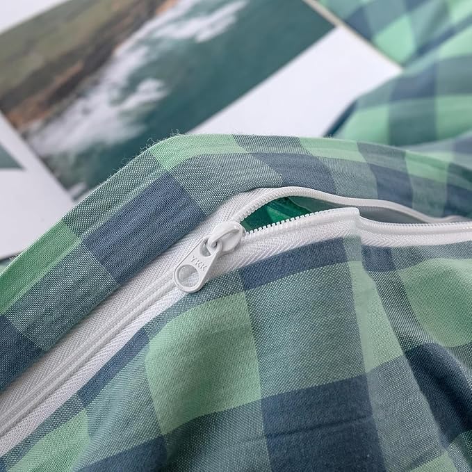 mixinni Green Gingham Grid Duvet Cover Full, 100% Washed Cotton Modern Geometric Bedding Set with 2 Pillowcases, Farmhouse Style Blue Plaid Comforter Cover Set for Men & Women, Soft & Lightweight