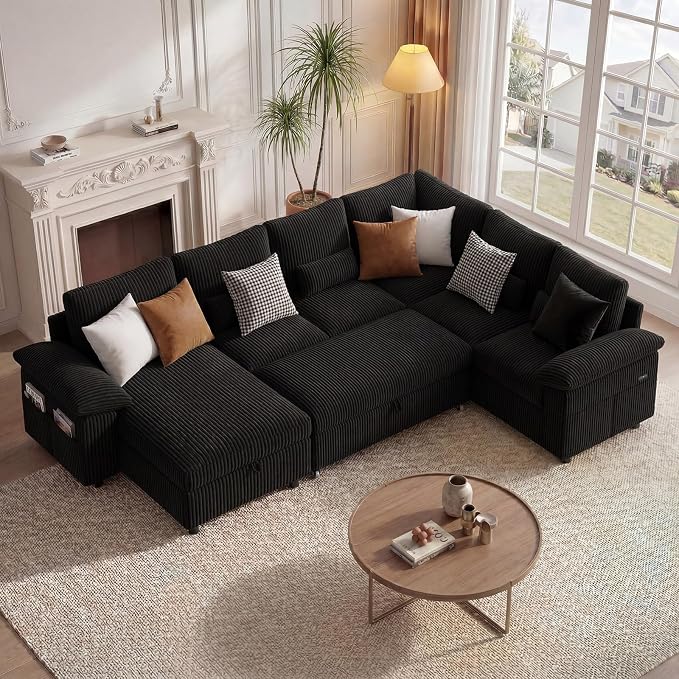 110 Inch Modular Sectional Sleeper Sofa with Pull Out Bed, U Shaped 7 Seat Cloud Modular Sectional Sofa with Storage, Corduroy Sectional Couches for Living Room, Removable Sofa Cover, Black