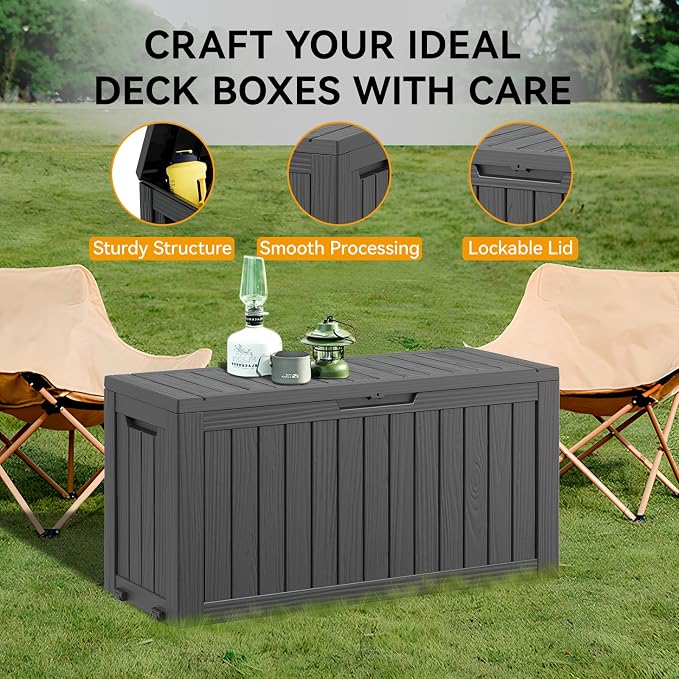 Deck Box, 82 Gallon Resin Indoor and Outdoor Storage Box Waterproof for Garden Tools, Pool Accessories Storage Bench, Patio Furniture and Cushions with Lockable Lid, Black