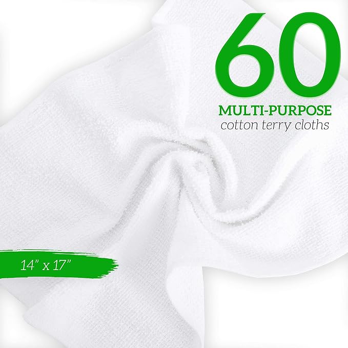GREEN LIFESTYLE Terry Towels 14" x 17" 60 Pack - Cotton Bar Towels, Cleaning Rags, Absorbent Terry Cloth Kitchen Towels for Restaurant, Food Service and Home Use (White with Orange Stripe)