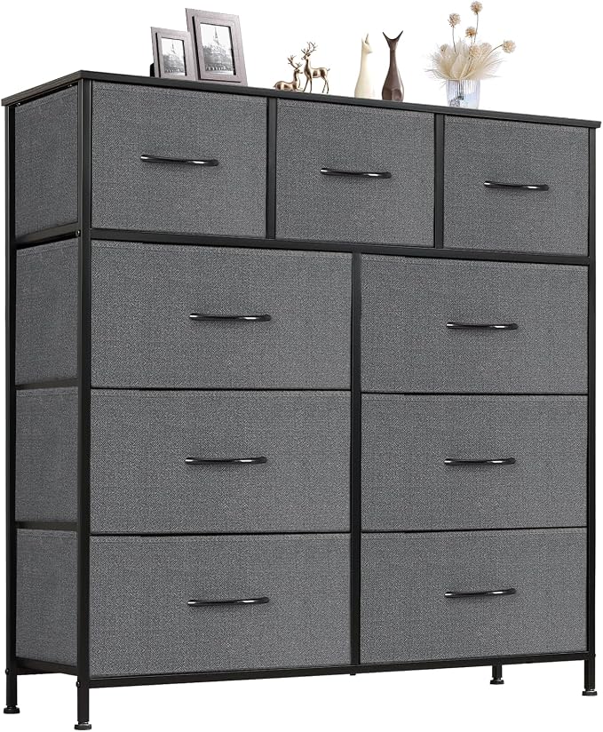 Sweetcrispy 9 Drawer Fabric Dresser Tall Chest Storage Organizer Tower | Cabinet Metal Frame and Wood Top Lightweight Closet Furniture for Bedroom, Charcoal Grey