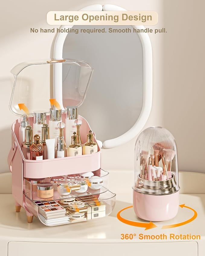 Makeup Organizer Countertop, Skincare Holder Bathroom Counter Organizer, Storage Box Cosmetic Display Cases, Teen Girl Gifts Make up Organizers (Pink/Brush)